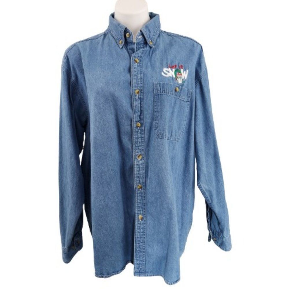 Vintage Luna Pier Denim Embroidered Let it Snow Snowman Oversize Denim Shirt, XL